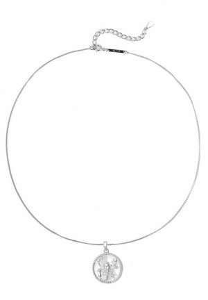 Silver necklace with a thin chain and a round pendant featuring a scorpion design, detailed with a twisted rope border.