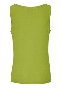 Zielony, prążkowany top bez rękawów z okrągłym dekoltem, o dopasowanym kroju i gładkiej fakturze. Bez widocznych elementów metalowych ani dodatkowych detali.
