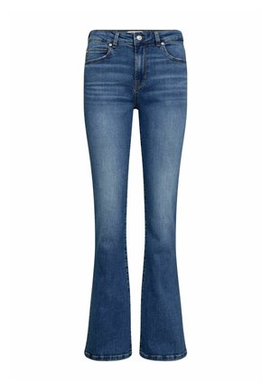 Jean flare bleu en denim. Design taille haute avec une légère usure, comportant cinq poches et des détails de couture subtils.
