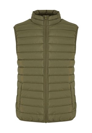 Vesta puffer fără mâneci de culoare verde măslin, cu guler înalt, textură matlasată și închidere cu fermoar frontal. Fără buzunare sau accente suplimentare.