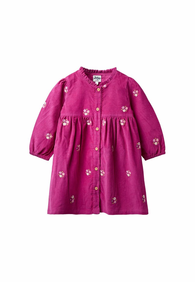 Langärmliges, pinkes Corduroykleid für Kleinkinder mit Holzknöpfen und kleinen, verstreuten weißen und pinken Blumenstickereien auf dem Stoff.