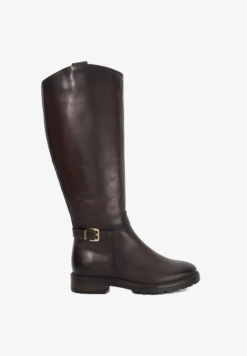 Brown leather knee-high boot with a smooth texture, featuring a gold-tone buckle accent and durable rubber sole.