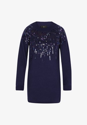 Námornícky modrý sveter s okrúhlym výstrihom, dlhými rukávmi a dizajnom so štvorcovými flitrami v rôznych farbách, ktoré sa kaskádovito rozprestierajú po prednej strane. Mäkko pletený materiál.