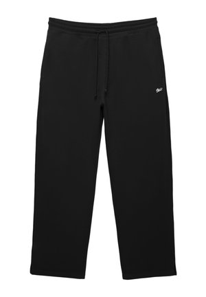 Zwarte sweatpants van zacht materiaal, met een trekkoord in de taille, ruime pasvorm en een klein logo aan de voorkant. Geen zichtbare zakken.