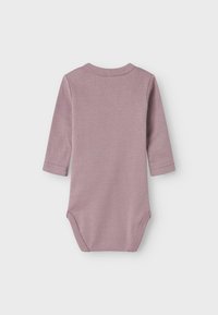 Long-sleeve baby bodysuit in soft mauve, made of cotton, features a round neckline and snap closure at the bottom for easy dressing.