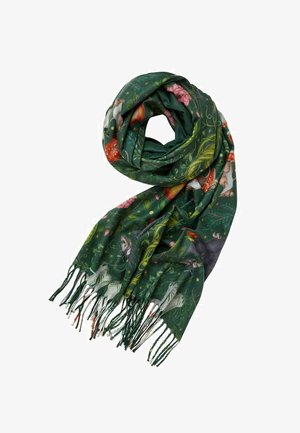 Écharpe verte ornée de divers animaux et plantes colorés, avec une texture douce et des bords frangés. Design illustratif avec des motifs vifs.