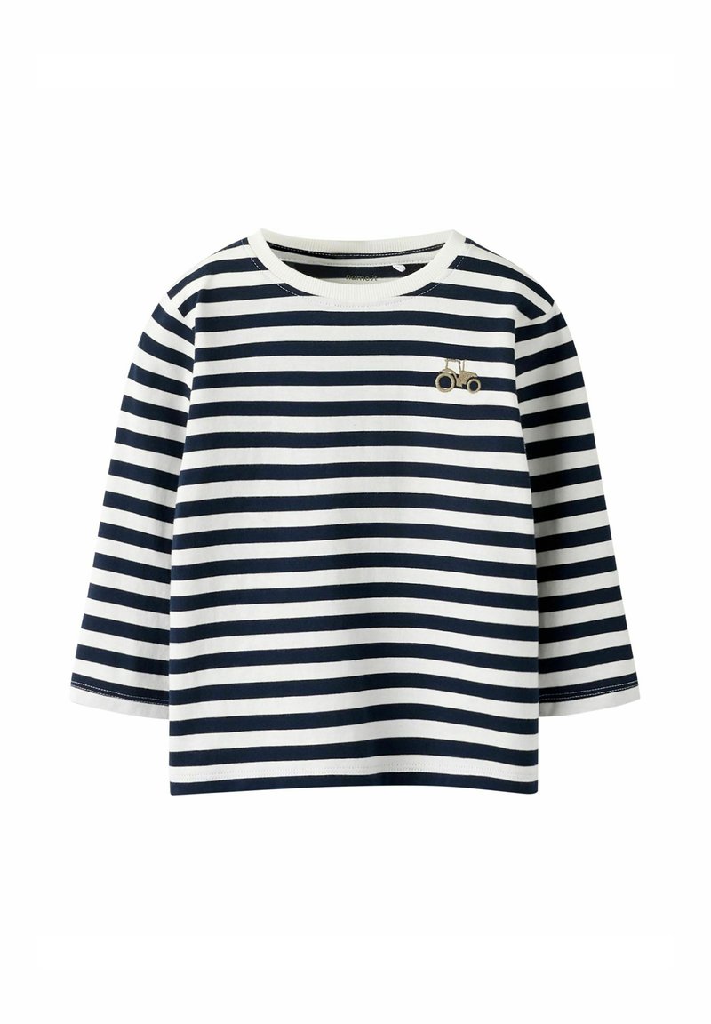 Langarm peutershirt met marineblauwe en witte horizontale strepen en een kleine geborduurde tractor op de linkerborst.
