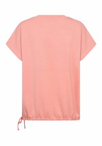 Roze top met korte mouwen en een ronde halslijn, voorzien van een geplooid trekkoord aan de onderkant. Gemaakt van zachte, lichte stof met een gladde textuur.