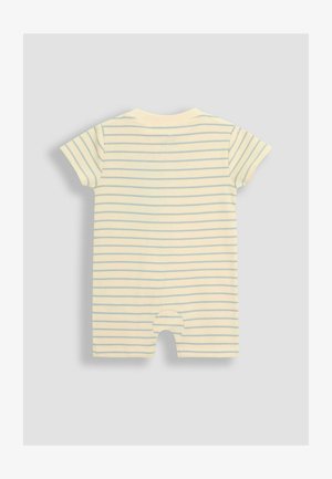 Kortærmet babydragt, lys gul med blå vandrette striber, lavet af blødt stof, har en rund trykknaplukning i bunden.
