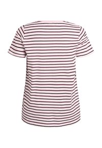 Lühikeste varrukatega t-särk ümmarguse kaelusega, millel on pehmel kangal vahelduvad roosad ja tumeburgundia horisontaalsed triibud.