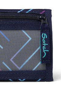 Navy zippered pouch with a mesh front featuring geometric patterns in blue and purple. Accented with a teal "Satch" label.