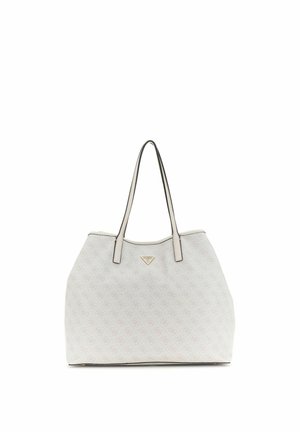 Borsa tote bianca con motivi discreti a logo, doppi manici superiori e piccolo emblema metallico triangolare del marchio al centro frontale.