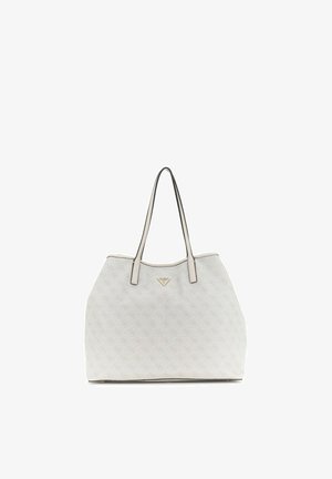 Borsa tote bianca con motivi discreti a logo, doppi manici superiori e piccolo emblema metallico triangolare del marchio al centro frontale.