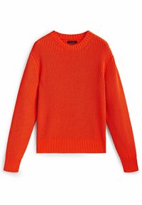 Pull en tricot orange vif avec un col rond, bord-côte au niveau de l'ourlet et des poignets, présentant un motif texturé sur l'ensemble du tissu.