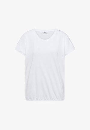 Wit dames T-shirt met korte mouwen, ronde hals, elastische zoom en subtiele schouderbanddetails.