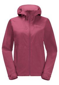 Water-resistant pink jacket with a hood, full front zipper, adjustable cuffs, and a logo on the chest. Made from lightweight, breathable fabric.