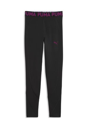 Sort atletiske leggings med lilla PUMA-logo ved hoften og lilla PUMA-bogstaver på linningen, vist fladt på en hvid baggrund.
