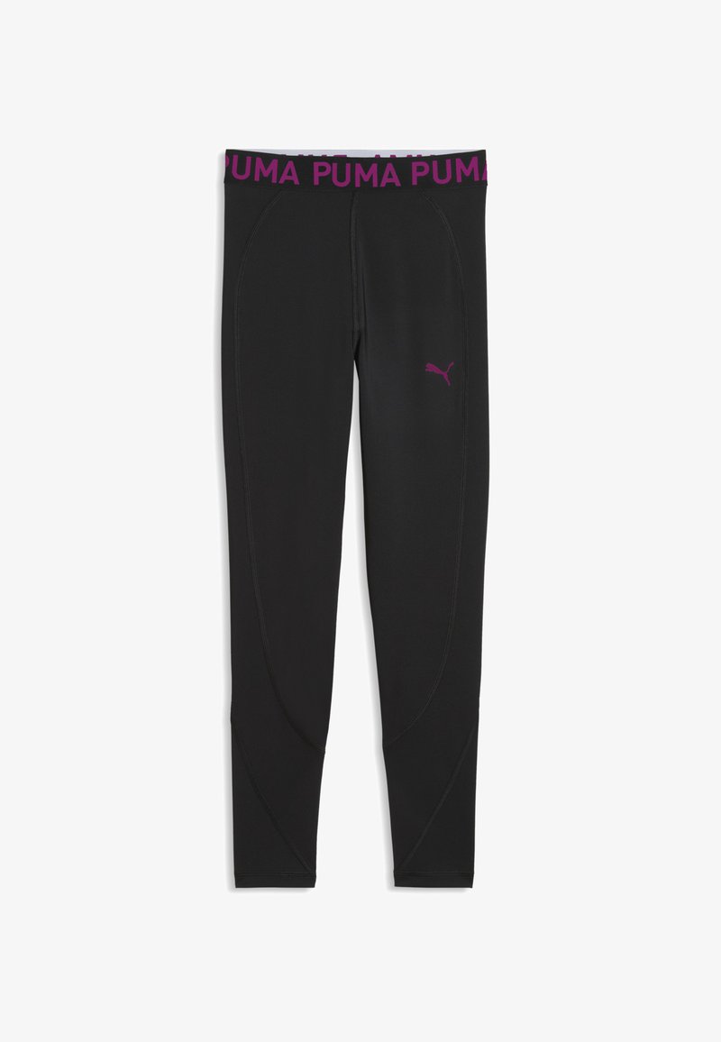 Leggings de sport noirs avec logo PUMA violet sur la hanche et lettrage PUMA violet sur la ceinture, présentés à plat sur fond blanc.