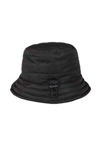 Cappello a secchiello nero trapuntato con cordino regolabile e fermo nella parte anteriore, sfondo semplice.