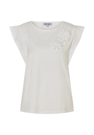 Weiße Bluse mit kurzen Ärmeln, rundem Ausschnitt und zwei bestickten Blumenapplikationen auf der oberen linken Seite.