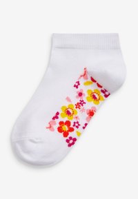 Calcetín blanco de tobillo con un estampado floral colorido en tonos de rosa, amarillo y rojo, con un puño acanalado y una textura suave.