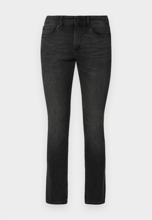 Czarne dżinsy z elastycznego denimu o prostym kroju, z pięcioma kieszeniami i metalowym zapięciem na guzika w pasie.