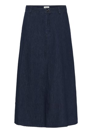 Denim skirt in dark blue, midi length, features a button and zipper closure, with a single stitch seam detail along the edges.