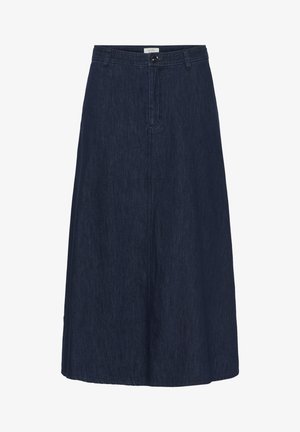 Jupe en denim bleu foncé, de longueur midi, avec une fermeture par bouton et fermeture éclair, et un détail de couture simple le long des bords.