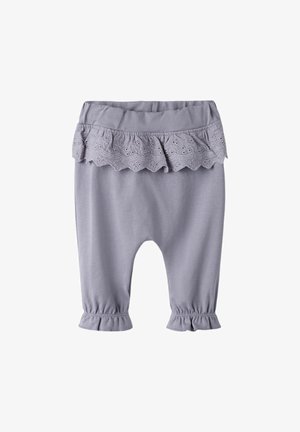 Leggings en coton gris avec un bord en dentelle plissée à la taille et des poignets élastiqués, présentant une texture lisse et douce sur toute la surface.