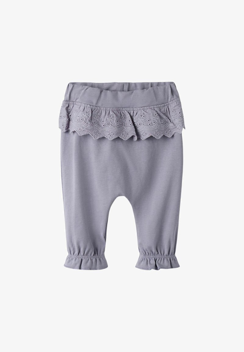 Leggings en coton gris avec un bord en dentelle plissée à la taille et des poignets élastiqués, présentant une texture lisse et douce sur toute la surface.