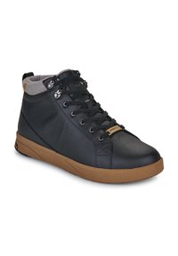 Sneaker alta in pelle nera con collo in tessuto grigio, punta rotonda, suola in gomma e occhielli in metallo. Presenta un accento beige sulla suola.