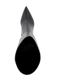 Black leather pointed ankle boot with a sleek design, smooth texture, and a tall shaft. Interior shows a deep opening, no visible hardware.