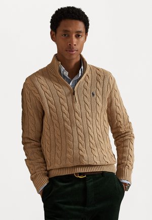 CABLE-KNIT COTTON QUARTER-ZIP JUMPER - Strickpullover - camel melange