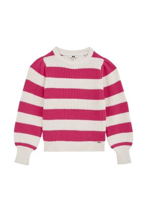 Knitted sweater with horizontal wide pink and white stripes, round neck, puffed long sleeves, and ribbed cuffs and hem.