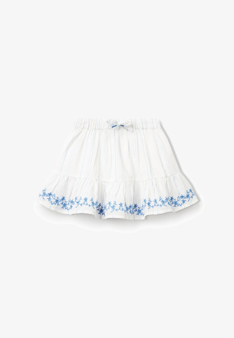 Jupe en coton blanc avec des rayures horizontales bleu et une broderie florale le long de l'ourlet. Elle présente un bord volanté et une taille ajustable.