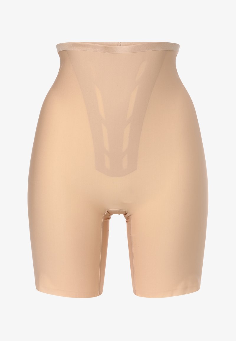 Shorts modellanti a vita alta in nude, realizzati in tessuto liscio e elasticizzato, con un design senza cuciture e un'apertura all'inguine per maggiore comfort.