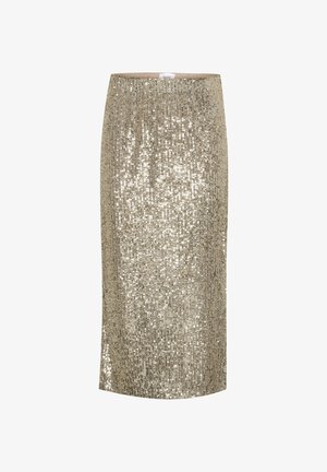 Gold sequin skirt with a straight design and mid-length cut. Features a smooth waistband and a reflective, textured surface.