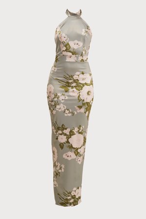 Halternekjurk van lichtblauwe stof met bloemenprint, featuring grote witte en groene bloesems. Strakke silhouet met een vloerlange ontwerp.