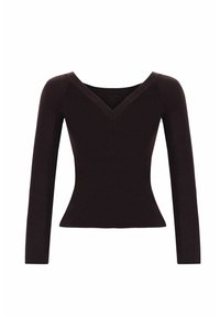 Top long à manches longues côtelé avec un décolleté en V profond de couleur brun foncé, présentant une silhouette ajustée et un matériau texturé.