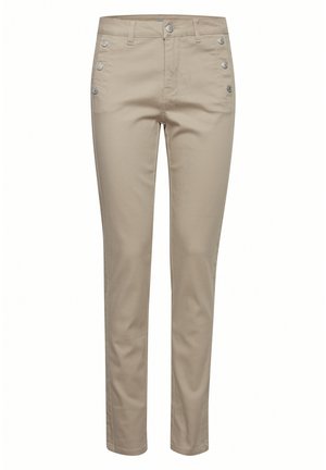 Beige bomullbyxor med rak passform, med fem fickor och silverknappar på sidorna. Slät textur med en ren design.
