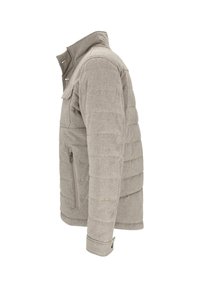 Grijze donzen jas met een gestructureerde stof, zijritszak en een opstaande kraag, ontworpen met horizontale doorgestikte panelen.