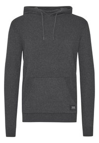 Dark gray hoodie made of soft fabric, featuring a front pocket, adjustable drawstring hood, and ribbed cuffs and hem.