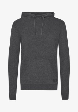 Dunkelgrauer Hoodie aus weichem Material, mit einer vorderen Tasche, verstellbarem Kordelzug-Hoodie und gerippten Bündchen und Saum.