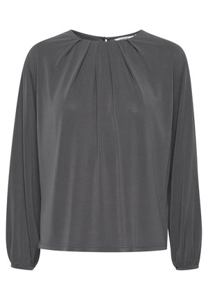 Grå langærmet bluse med plisseret front, rund halsudskæring og sammenfoldede ærmer. Glat, let stof med blød tekstur.