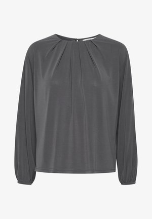 Graues Longsleeve-Oberteil mit plissierter Vorderseite, rundem Ausschnitt und gerafften Manschetten. Glattes, leichtes Material mit weicher Textur.