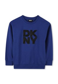 Blaues Sweatshirt aus Baumwollmischung mit Rundhalsausschnitt, gerippten Bündchen und einem auffällig platzierten schwarzen DKNY-Logo auf der Vorderseite.