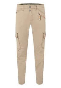 Khaki Cargo-Hosen mit schlanker Passform, aus robustem Stoff gefertigt. Mit Seitentaschen, einer Reißverschlusstasche und kontrastierenden Nähdetails.