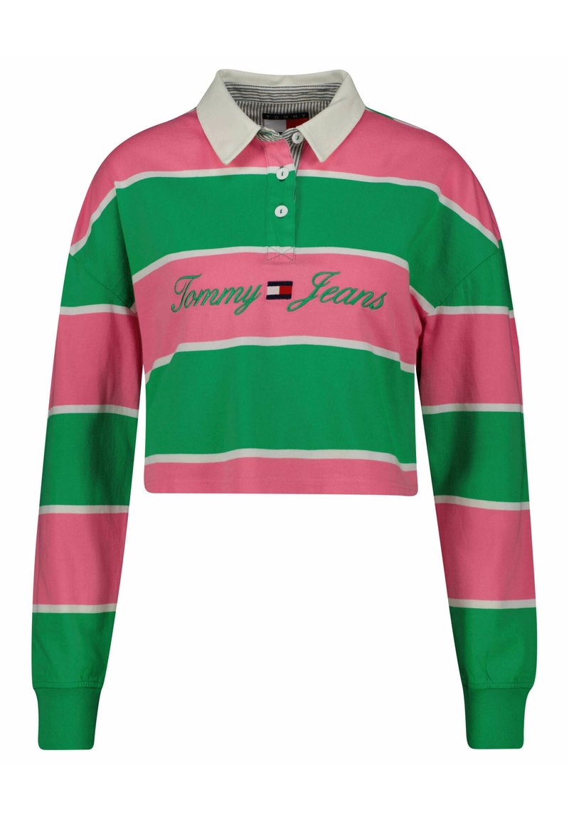 Crop top i gröna och rosa ränder, med en vit krage och långa ärmar. Broderad "Tommy Jeans"-logotyp i grönt framtill.