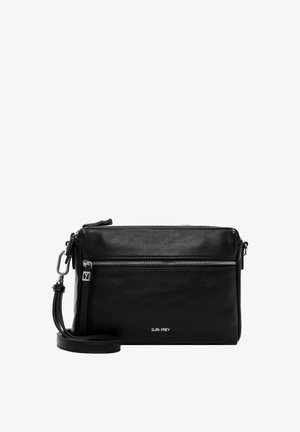 Black leather crossbody bag with a textured finish, featuring a front zipper pocket, adjustable strap, and a brand logo in silver.