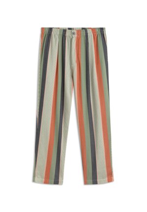 Hlače s elastičnim strukom s vertikalnim prugama u zelenoj, narančastoj, krem i tamnosivoj boji, s gumbom i patentnim zatvaračem.